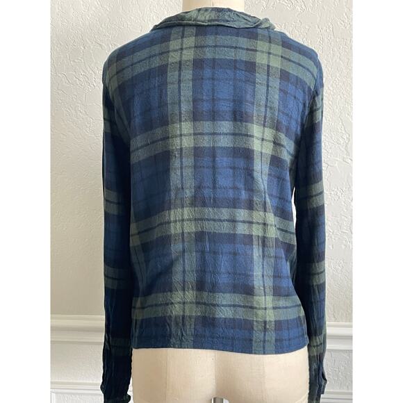 Abercrombie & Fitch Plaid Ruffle Blouse Navy Green V Neck Ruffle Front Medium - Picture 4 of 6